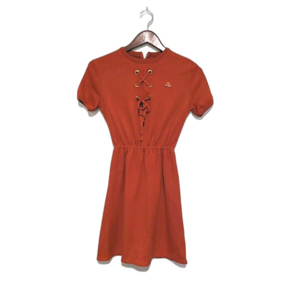 Vintage 60s Mod ROBBIE RIVERS Rusty Orange Rib Knit Mini Dress Petite S Laced - Picture 1 of 4